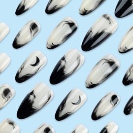 24-Pack Almond Press On Nails – Medium Length Stick On False Nails – Black & Pink Gradient French Nudes with Moon Design Easy to Apply Full Cover Tips for Women