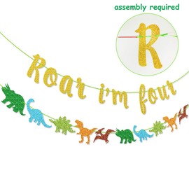 Roar I'm Four Banner Dinosaur Garland for Kids' 4th Dinosaur Birthday Party Decorations