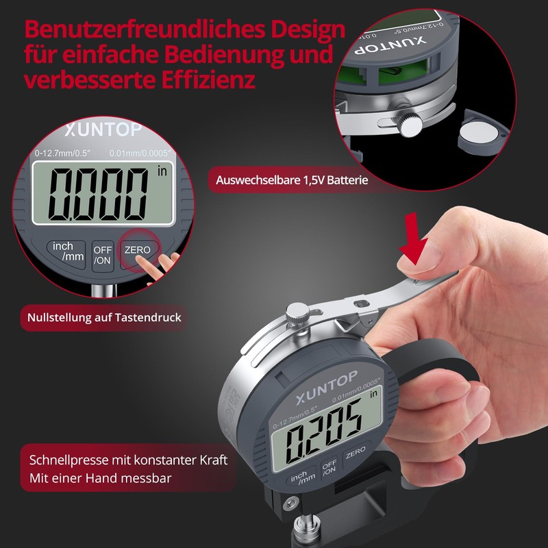 XUNTOP Digital Thickness Gauge Measuring Range 0-12.7 mm Electronic Micrometer