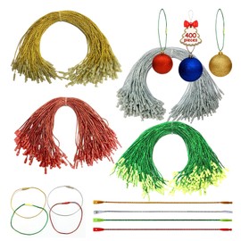 400pcs Gold Silver Red Green Ornament Hanger String,Christmas Ornaments Hook Precut Ropes with Snap Fasteners,Polyester Ornament Wire for Xmas Tree Holiday Party Hanging Decoration