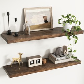 Rustic Elm Wood Floating Shelves for Wall, Flat Edge 36"W x 9.3"D x 1.5"H, Set of 2 with Invisible Bracket, Wall Mounted Storage Shelves for Living Room Bedroom Kitchen Bathroom Decor, Walnut Finish