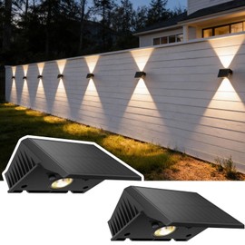 Solar Fence Lights Outdoor, 2-Pack Fence Lights Solar Powered with Up/Down Buttons, IP67 Waterproof for Outside, 120LM Auto Dusk to Dawn for Wall/Patio/Yard/Railing/Deck/Pathway (Warm White)