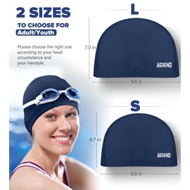 Aegend Fabric Swim Cap, Silicone Waterproof Layer - Breathable Cloth Swimming Cap, Keep Hair Dry with Hight Elasticity for Women Men Youth Kids, 2 Sizes to Choose (Navy Blue, Small)