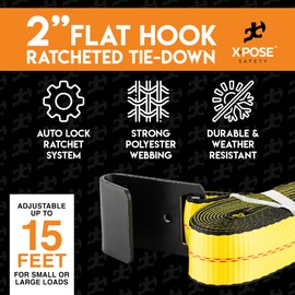 Ratchet Straps Heavy Duty - 2 Inch x 15 Foot Tie Down Straps Ratchet Operated with Flat Hooks - Ratcheting Torque Moving Straps for Truck Bed and Car Cargo - Kayak and Motorcycle Tie Down Straps