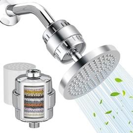 MOSU 20 Etapas Cabezal de Ducha con Filtración con Soporte, 6 Pulgadas cabezal de ducha de alta salida, Filtro especial para agua dura, Elimina el Clo