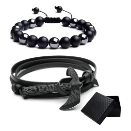 Pulsera Lynnette Cuero Obsidiana Hombre Ajustable 21cm Pack 2