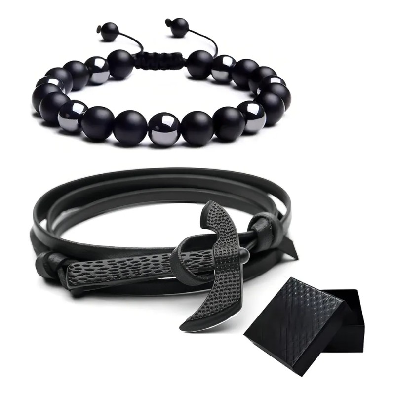 Pulsera Lynnette Cuero Obsidiana Hombre Ajustable 21cm Pack 2
