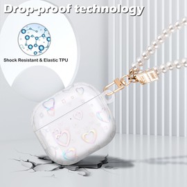 CameCosy Case for AirPods 4th Generation with Pretty Pearl Keychain, Sparkle Colorful Laser Heart Design for Women Clear Soft TPU Shockproof Protective Cover for Airpods 4 gen