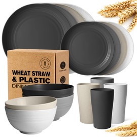 Teivio 16-Piece Kitchen Plastic Wheat Straw Dinnerware Set, Service for 4, Dinner Plates, Dessert Plate, Cereal Bowls, Cups, Unbreakable Plastic Outdoor Camping Dishes, Stone