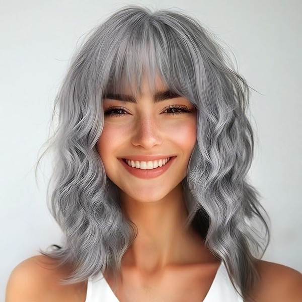 Nnzes Short Wavy Bob Wig with Bangs for Women Shoulder