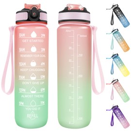 Invool Sports Water Bottle, 1 Litre Water Bottle with Straw & Time Markings, BPA Free, Leakproof & Secure Locking Lid, Tritan Plastic Drink Bottle for School/Cycling/Camping/Gym(Red Green)