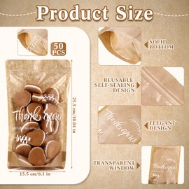 Kolldenn 50 Pcs Employee Appreciation Treat Bags Bulk Kraft Stand up Zip Pouch Bulk Resealable Thank You Gift Bags for Candy Coffee Beans Tea Wedding Baby Shower Bridal Shower