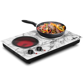 CUSIMAX Hot Plate, 1800W Double Burner Electric Hot Plate for Cooking, Dual Control Portable Infrared Stove Countertop Cooktop, Heat-up in Seconds, Stainless Steel White Marble