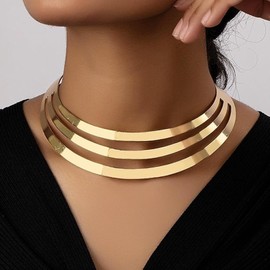 YANCHUN Chunky Gold Necklace Statement Necklace for Women Dainty Gold Choker Necklaces Chunky Collar Necklaces Ethnic Big Statement African Tribe Wide Metal Choker Jewelry