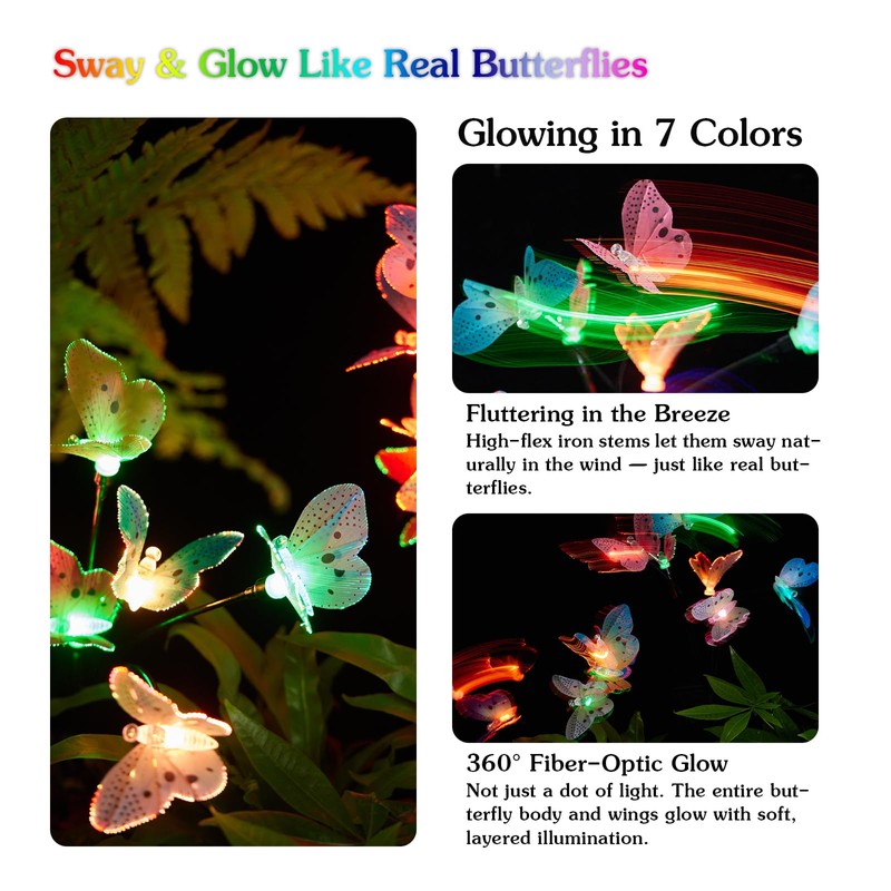 Solar Butterfly Lights Outdoor 2 Pack, Each with 6 Fiber