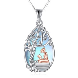 HKPATOP Reading Book Necklace for Women Sterling Silver Reading Lover Book Moonstone Necklace Reading Jewelry for Book club staff Librarian Bookworm