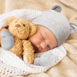 DRESHOW Newborn Baby Hat and Gloves Set Beanie Clothing Unisex Infant Hat Nursery Hat Baby Boys Girls 0-6 Months, 4 sets: bear ears hats & mittens double layer h01