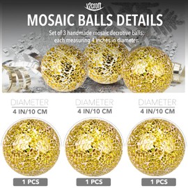 v2croft 4 in Decorative Orbs Glass Balls Set of 3,Mosaic Sphere Globe for Whole Housewares,Wedding/Birthday,Bowls,Vases Dining Table Centerpieces (Gold)