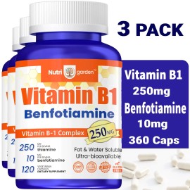 NuvitaGARDEN (3 Pack) Benfotiamine 10mg, Fat Soluable Source of Vitamin B-1 250 mg - 360 Caps