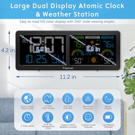 Geevon Weather Stations Wireless Indoor Outdoor Thermometer with Atomic Clock, HD Color Display Digital Temperature Humidity Monitor with Barometer, Comfort Indicator, and Adjustable Backlight