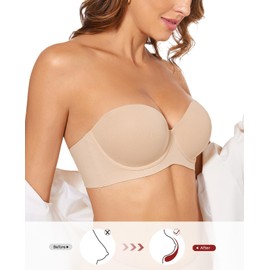 Upushall Strapless Push Up Bras for Women Thick Padded Balconette Seamless Convertible Bra for Small Chested Add a Cup Nude 38B