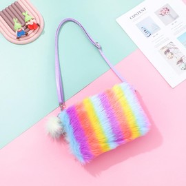 Kids Girls Fluffy Crossbody Purse Fuzzy Bag Plush Tie Dye Rainbow Shoulder Bag Handbag Wallet