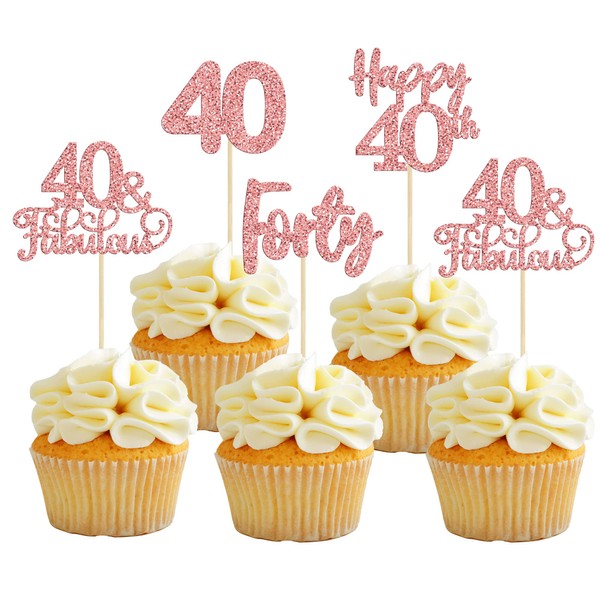 Paquete de 30 decoraciones para cupcakes de 40 cumpleaños de color oro rosa con purpurina de cuarenta alegría a 40 años de edad, para decoración de pasteles de fiesta de cumpleaños número 40