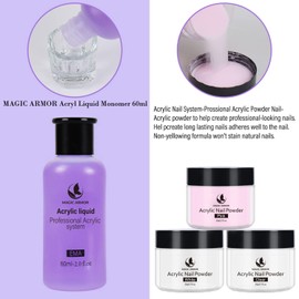 MAGIC ARMOR Acrylic Nail Kit, 3 Pieces Acrylic Powder with Acrylic Liquid for Nails Slow Solidification, Acrylic Liquid Low Odour for Beginners and Nail Experts DIY Nail Art Design, No UV Lamp