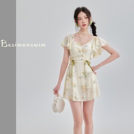 Imported Women's Beautiful Short-Sleeve One-Piece Swim Dress with Tummy Control, Modest Style, Plus Size R204 M (45.00 Kg-50.00 Kg/2540 Light Blue 2ea