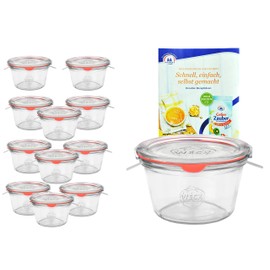 MamboCat 12er Set Weck Gläser 370ml 1/4 Liter Sturzgläser mit 12 Glasdeckeln, 12 Einkochringen und 24 Klammern inkl. Diamant-Zucker Gelierzauber Rezeptheft I Original Weck Sturzgläser