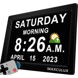 MAXCULUX 【Upgraded】 Digtal Clock with Voice-Talking Day and Date, 19 Alarms & Custom Reminders, 1280 * 800p HD Dsiplay, 10-Levels Dimmer, Auto DST, Sleep Trainer for Elderly Dementia, with Remote