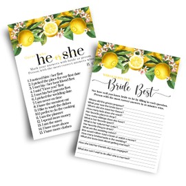 Main Squeeze Bridal Shower Games – 25 Pack, He or She Said and Bride Best Fun Wedding Reception Guest Activities, Couples Engagement Party Games, Lemon Decor Ideas, Double-Sided Card Design