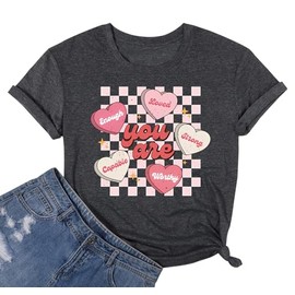 Women's Valentine Shirts Retro Candy Couple Love Heart Teacher You are Enough T-Shirt Casual Lover Gift Blouse Tops(Dark Grey,L)