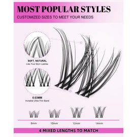 Venus Lash Clusters Kit Short 8-14mm Wispy Natural Cluster Lashes Kit D Curl Fake Lashes Eyelash Clusters Kit DIY Individual Eyelash Extension Kit with 0.03mm Ultra-Thin Invisible Wide Lash Band