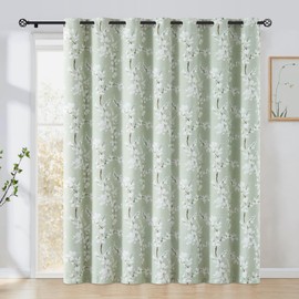 FMFUNCTEX 100% Blackout Sliding Door Curtains for Living Room, Green Floral Print Extra 100 Wide Window Curtain Panels for Sliding Glass Door, Thermal Insulated 1 Panel Grommet (White on Sage)
