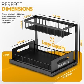 MORTAL HARTZ Under Sink Organizer Rack – 2-Tier Pull-Out Storage Shelf for Kitchen & Bathroom Cabinets – Space-Saving L-Shaped Metal Organizer with Sliding Baskets (Black, 1-Pack)
