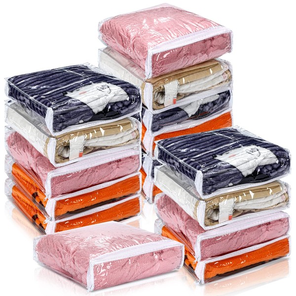16 Pcs Clear Vinyl Zippered Storage Bag for Blankets Clothes Bed Sheet Organizer with Zipper for Closet Sweater Small Quilt Pillow (10 x 10 x 2.5 Inch), Plastic