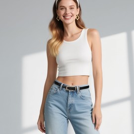 JASGOOD Women's Skinny PU Leather Belt Thin Waist Belt with Gold Buckle for Jeans Pants Dresses 0.7”(Black