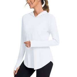 Bashafo Women's UPF 50+ UV Protection Clothing Outdoor Sun Hoodie Long Sleeve Workout Hiking Fishing Shirts Rash Guard (White,L)