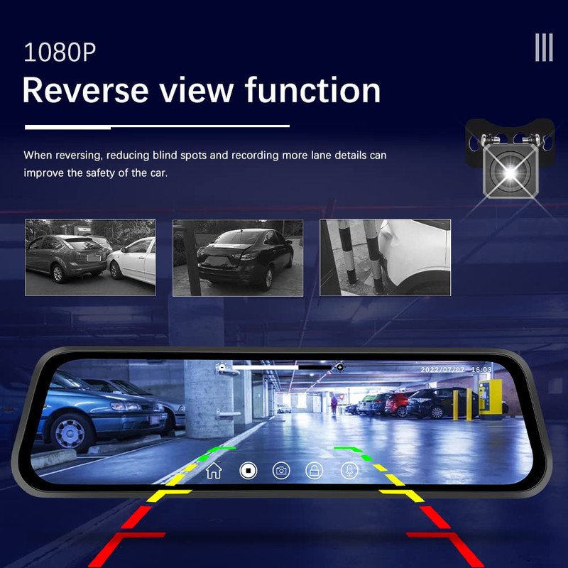 CAMECHO 9.66" Mirror Dash Cam Rear View Mirror Camera Front