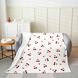 Feelyou Kids Red Cherry All Season Bed Blanket Queen 90"x90" Cherry Pattern Plush Throw Blanket Cute Fruit Flannel Fleece Blanket Kawaii Cartoon Fruit Room Decor Fashion