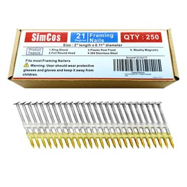 SimCos Framing Nails 304 Stainless Steel 21° Full Round Head Nail 21 Degree Ring Shank Nail for Pneumatic, Electric 21 degree Framing Nailer (2 inch (250 pcs))