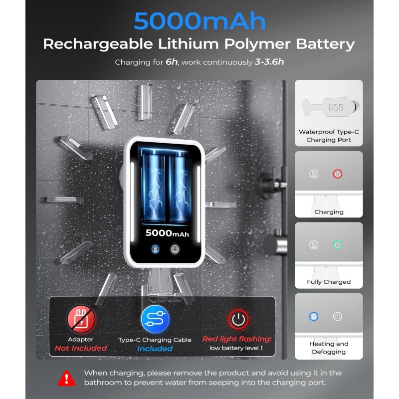 Gospire Heated Fogless Shower Mirror with Light Razor Holder 5000mAh
