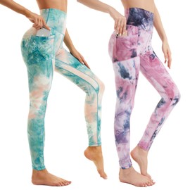 ROSA JUNIO High Waist Yoga Pants with Pockets for Women, Colorful Tie Dye Workout Leggings, Stretch Exercise Athletic Yoga Leggings