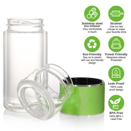 Hodezaki Glass Tea Infuser Bottle - 9oz Travel Tea Infuser,Double Wall Glass Tea Bottle Mug,Portable Tea Infuser Water Bottle with Strainer for Loose Leaf Tea, Chirstmas Gift(Green)