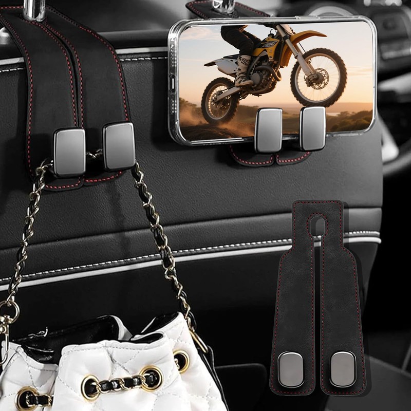 2PCS Black Car Seat Back Leather Hooks, Universal 2-in-1 Storage