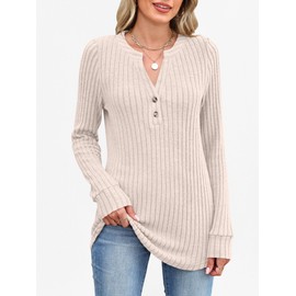 ANRABESS Womens Long Sleeve Henley Shirts 2025 Fall Tunic Tops Ribbed Knit Lightweight Sweaters Dressy Casual Blouse Outfits Light Khaki Medium