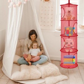 Libeder Stuffed Animal Storage Mesh Hanging Storage Space Saver Bags Organizer,Foldable Storage Organizer 4 Compartments Toy Net Storage Basket for Kids Room Bathroom 2 Sets Red