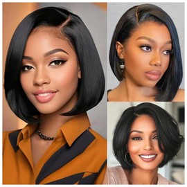 10 Inch Bob Wig Human Hair 13x4 HD Lace Front Wigs Pre Plucked Short Bob Wig Lace Frontal Wigs for Black Women, Short Straight Glueless Human Hair Wig with Elastic Band, 180% Density, Natural Black