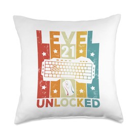 21 Years Old Birthday Gifts Vintage Gamer Shirt Level 21 Unlocked Gaming Keyboard 21st Birthday Men Women Throw Pillow, 18x18, Multicolor